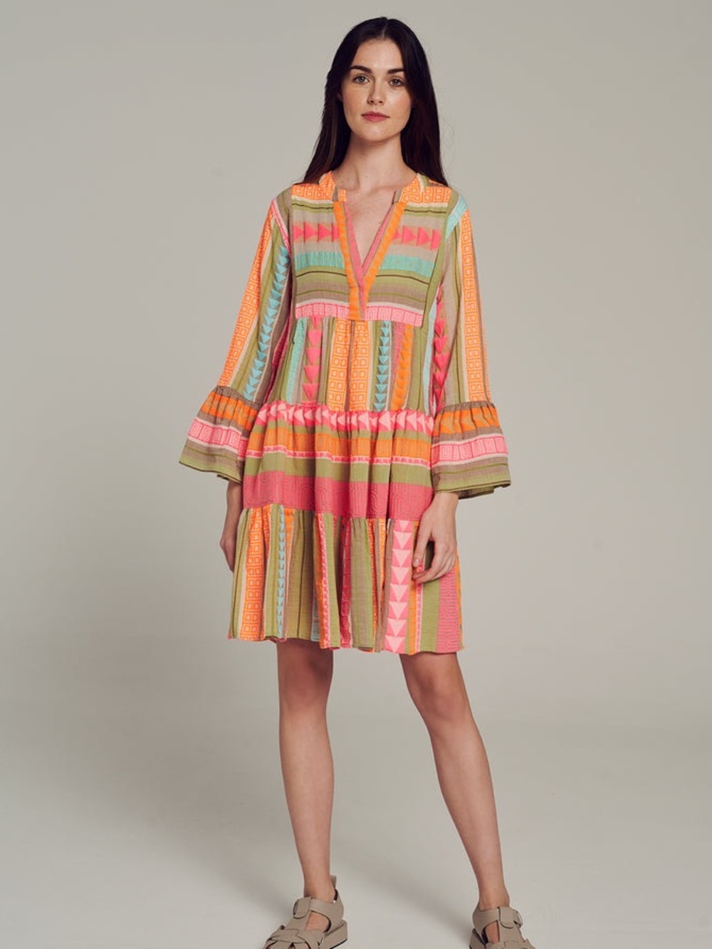 Devotion Twins ELLA SHORT MULTI PINK ORANGE boho flare tunic dress small